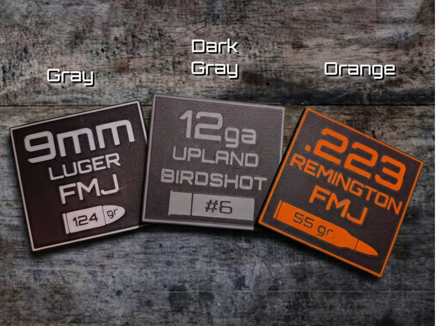 Ammo labels showing multiple text color options gray, dark gray, and orange.