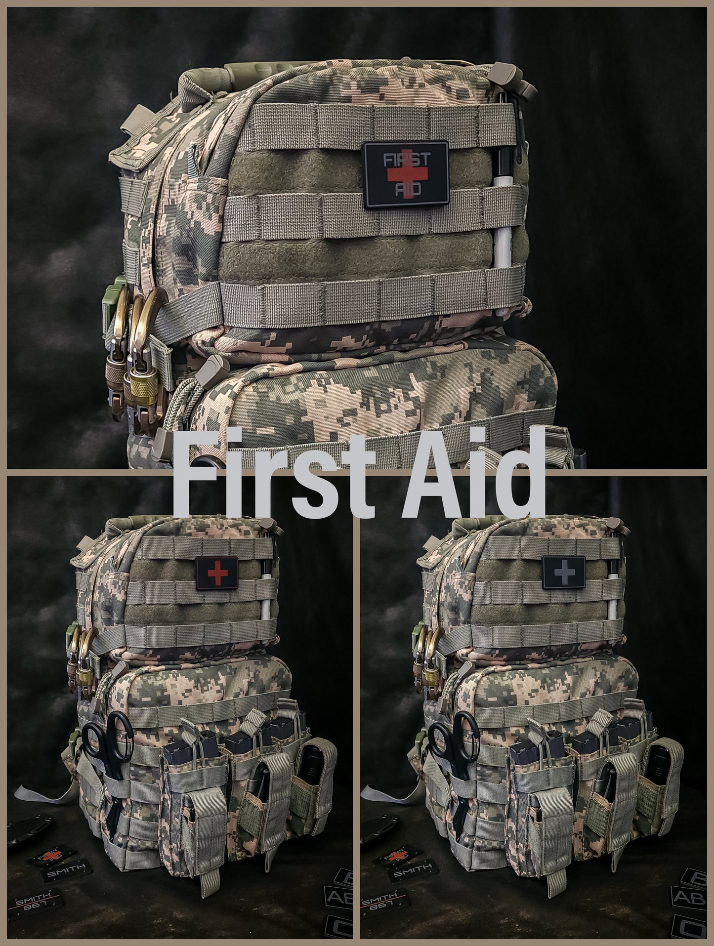 MOLLE Medical ID Tags on a tactical gear for clear identification in emergencies.