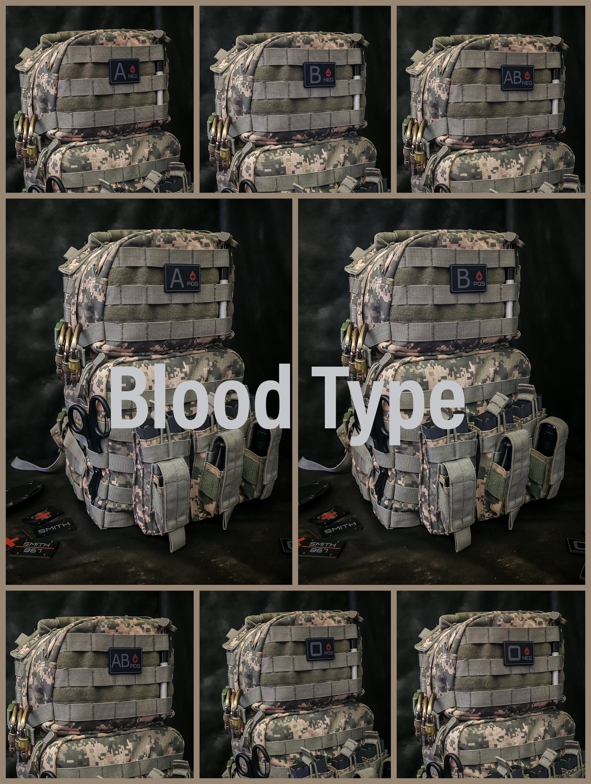 MOLLE Medical ID Tags on tactical backpack showing blood type for emergency identification.