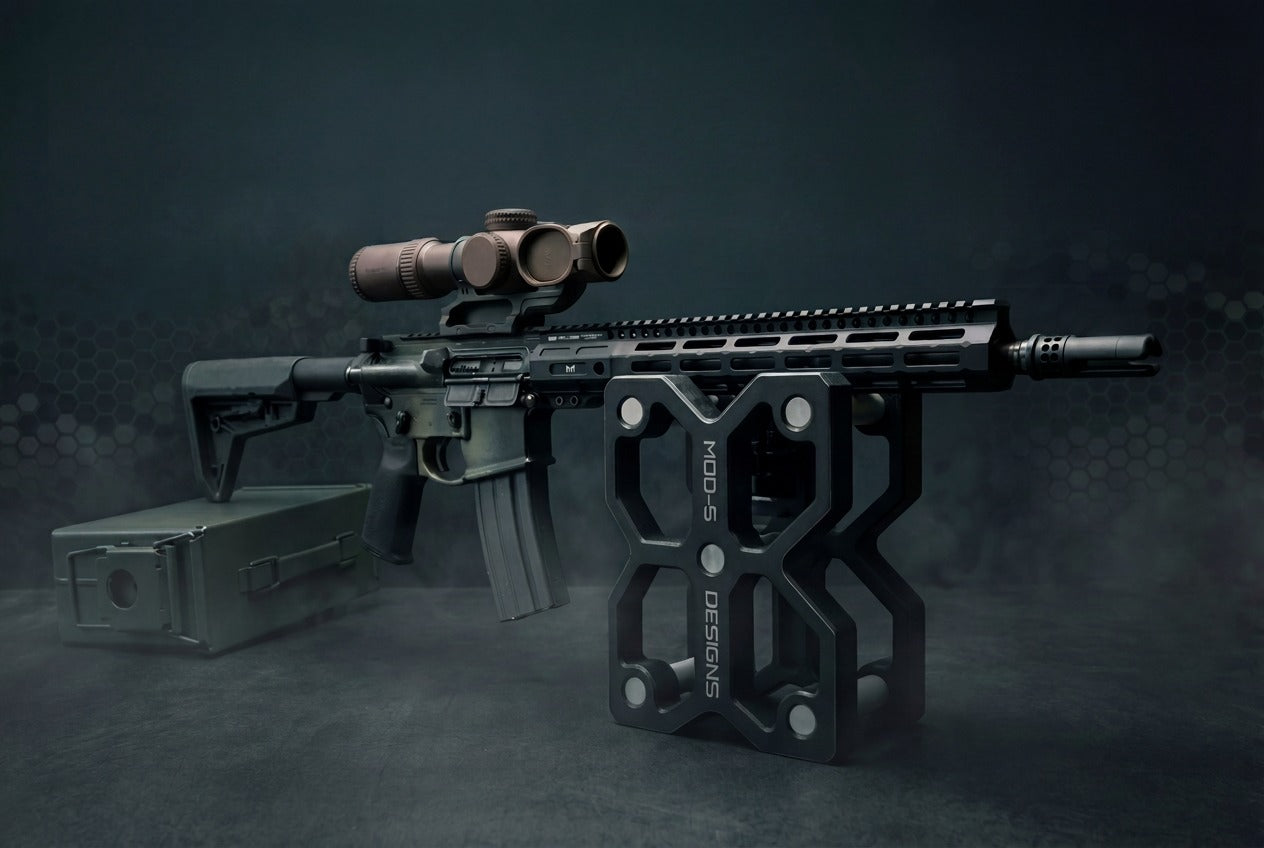 Dramatic photo of tactical rifle displayed on 3D printed shooting rest designed by Mod-5 Designs.